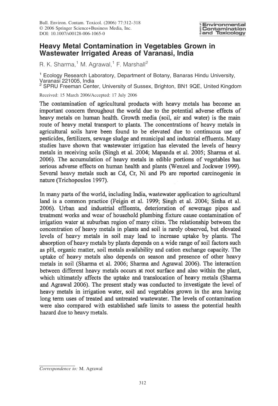 Heavy Metal Contamination in Vegetables Grown in Wastewater Irrigated Areas of Varanasi, India by Sharma & R. K. & et al