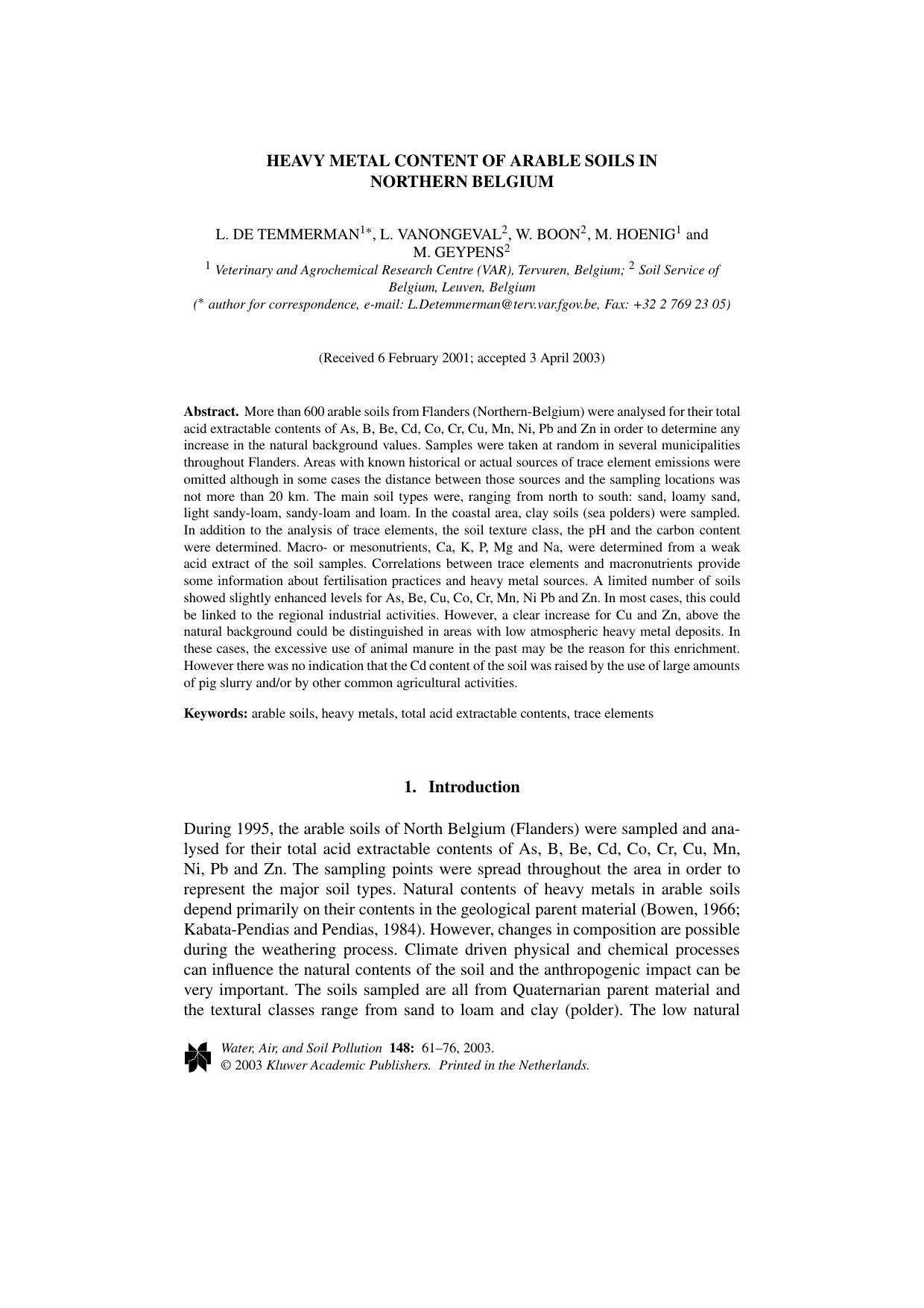 Heavy Metal Content of Arable Soils in Northern Belgium by Unknown