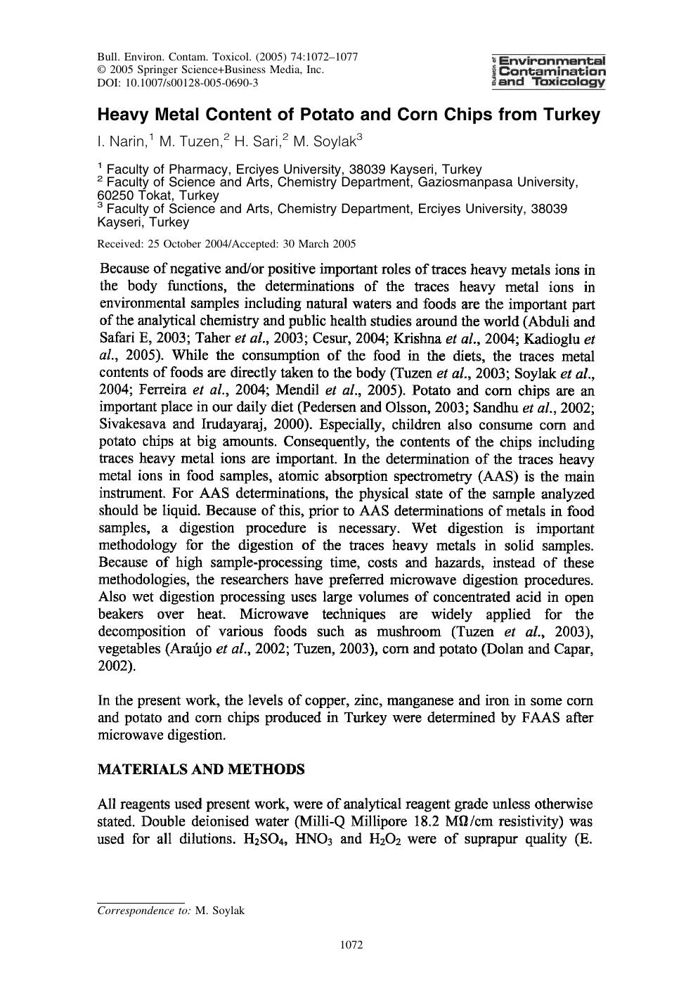 Heavy Metal Content of Potato and Corn Chips from Turkey by Narin I.; et al