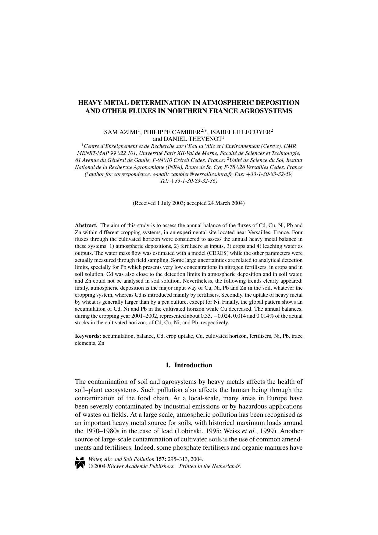 Heavy Metal Determination in Atmospheric Deposition and Other Fluxes in Northern France Agrosystems by Unknown