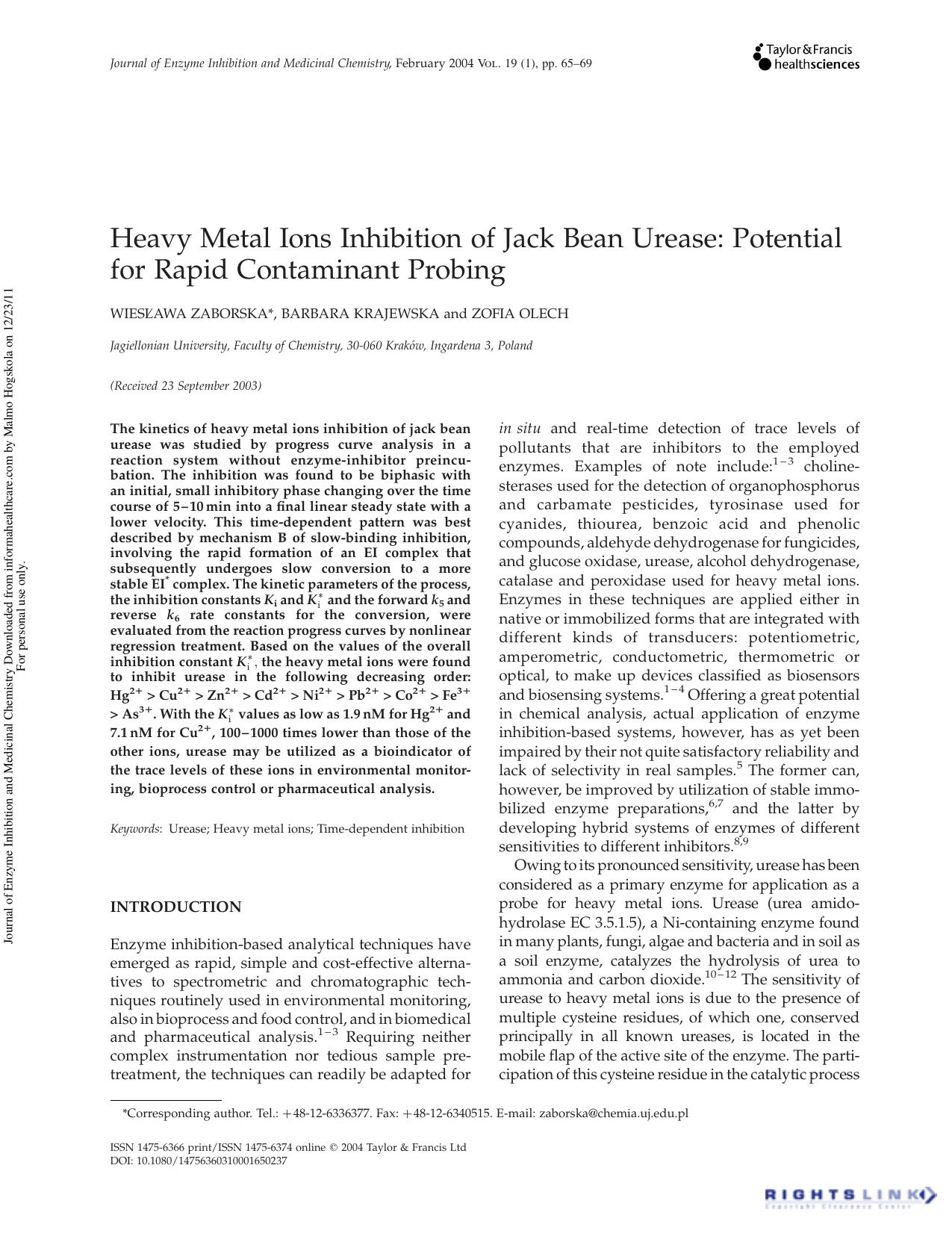 Heavy Metal Ions Inhibition of Jack Bean Urease: Potential for Rapid Contaminant Probing by Wiesława Zaborska Barbara Krajewska & Zofia Olech