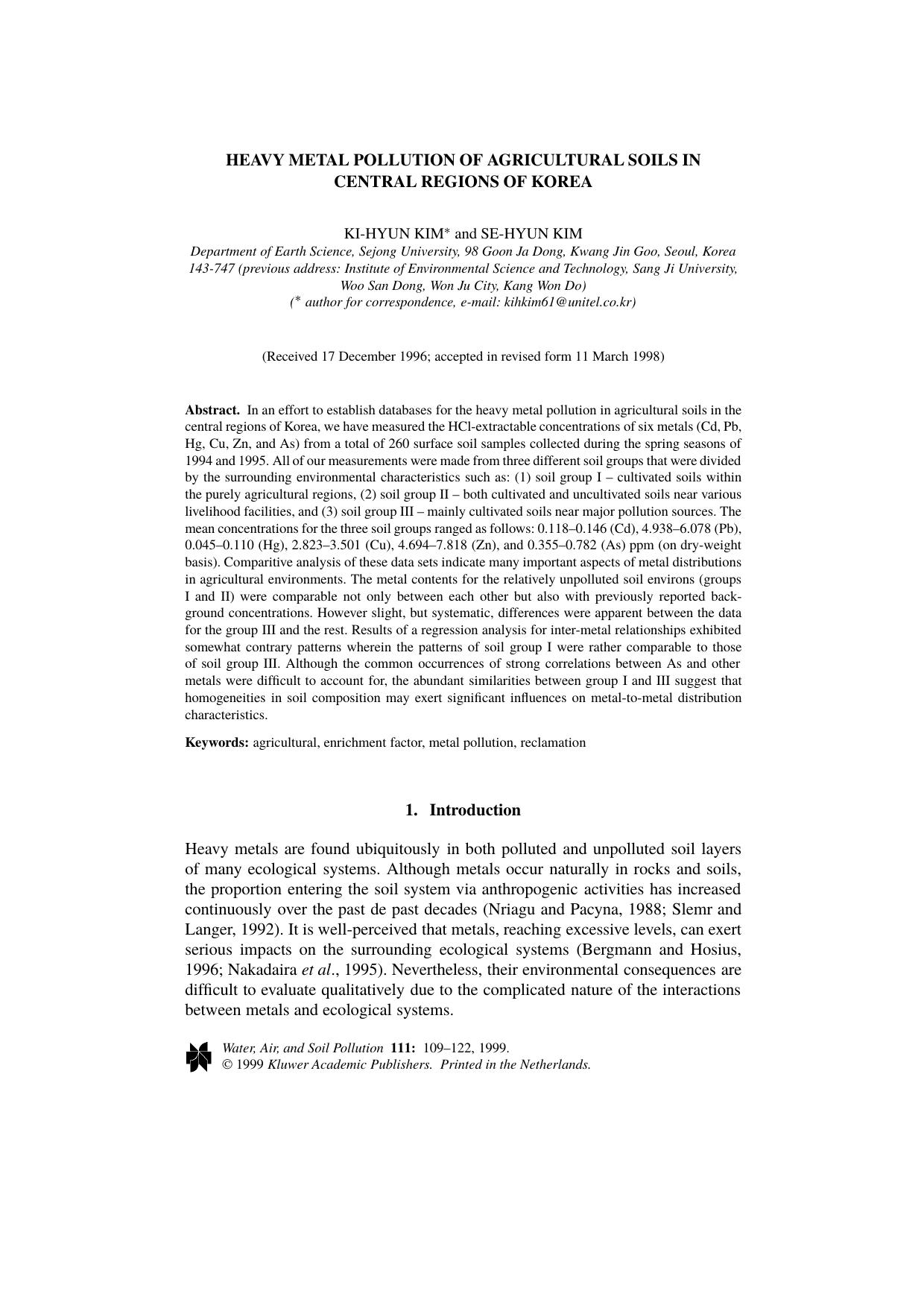 Heavy Metal Pollution of Agricultural Soils in Central Regions of Korea by Unknown