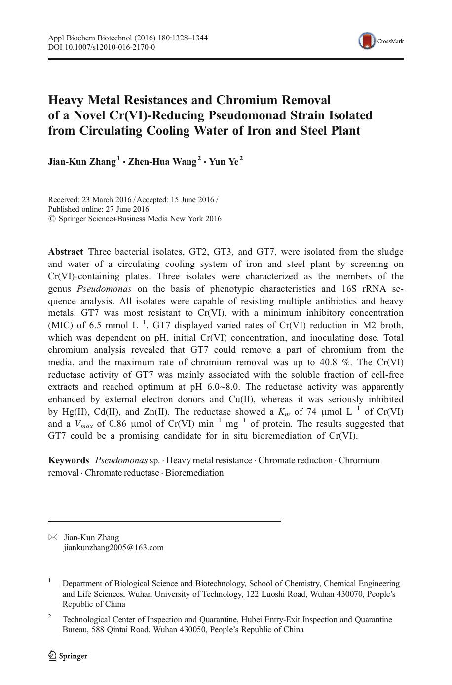 Heavy Metal Resistances and Chromium Removal of a Novel Cr(VI)-Reducing Pseudomonad Strain Isolated from Circulating Cooling Water of Iron and Steel Plant by Jian-Kun Zhang & Zhen-Hua Wang & Yun Ye