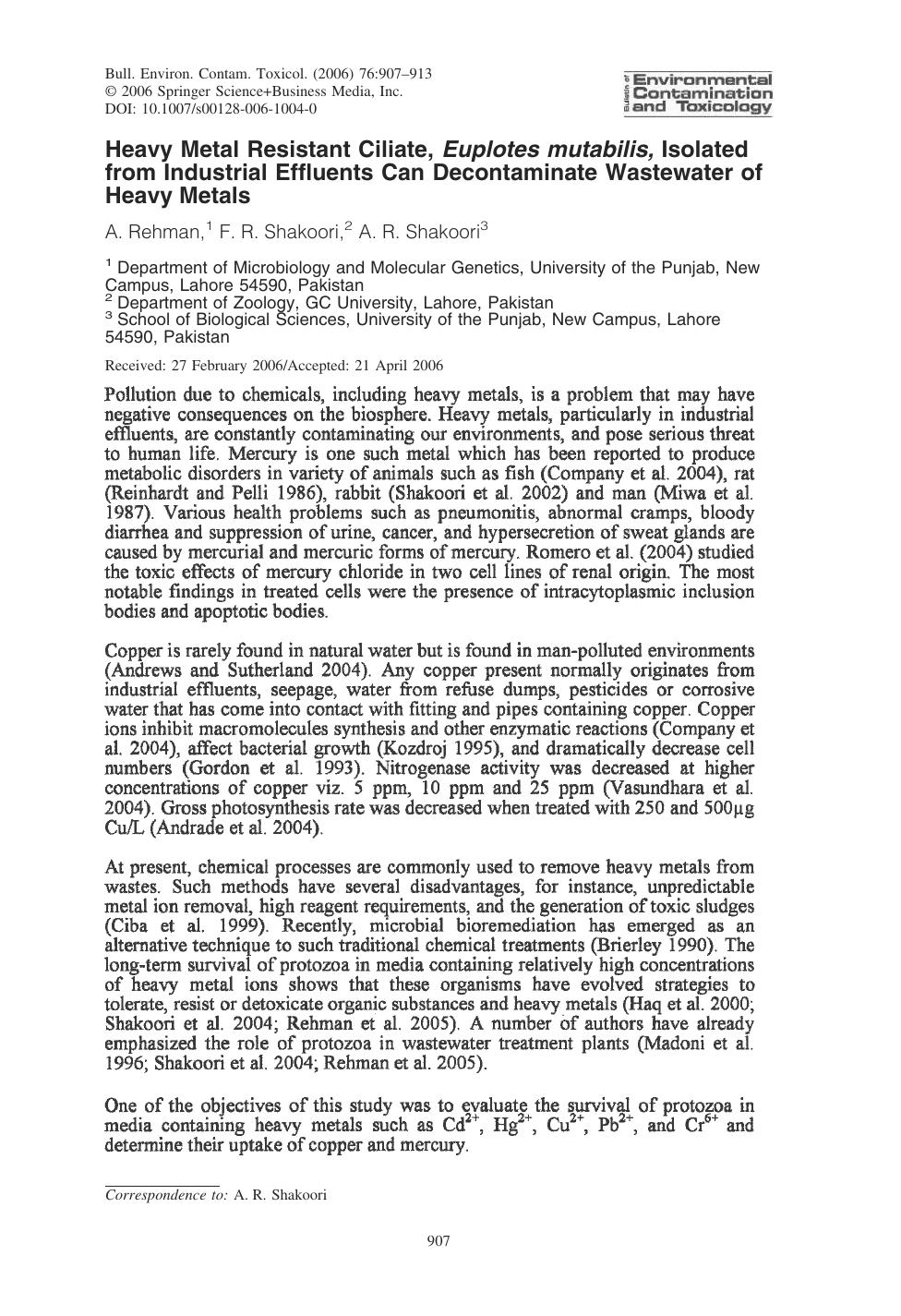 Heavy Metal Resistant Ciliate, Euplotes mutabilis, Isolated from Industrial Effluents Can Decontaminate Wastewater of Heavy Metals by A. Rehman et al