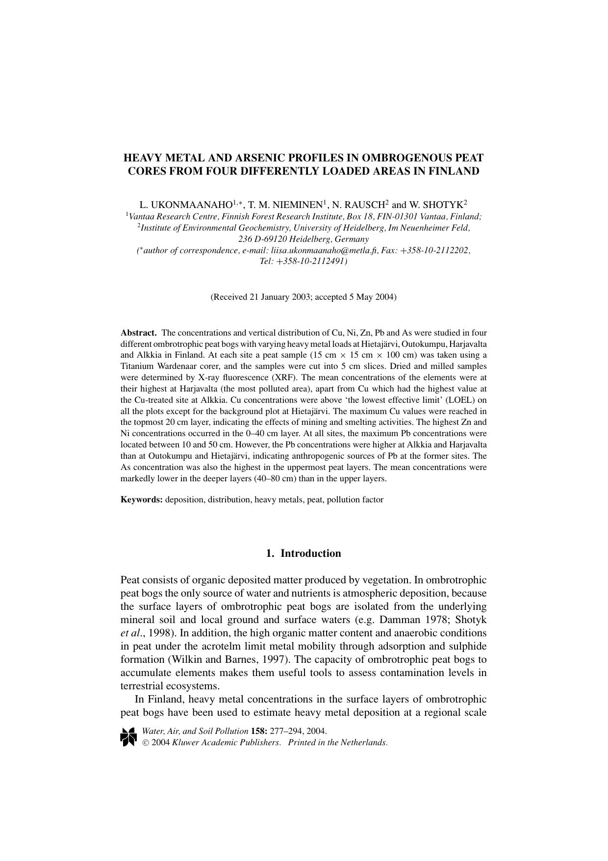 Heavy Metal and Arsenic Profiles in Ombrogenous Peat Cores from Four Differently Loaded Areas in Finland by Unknown