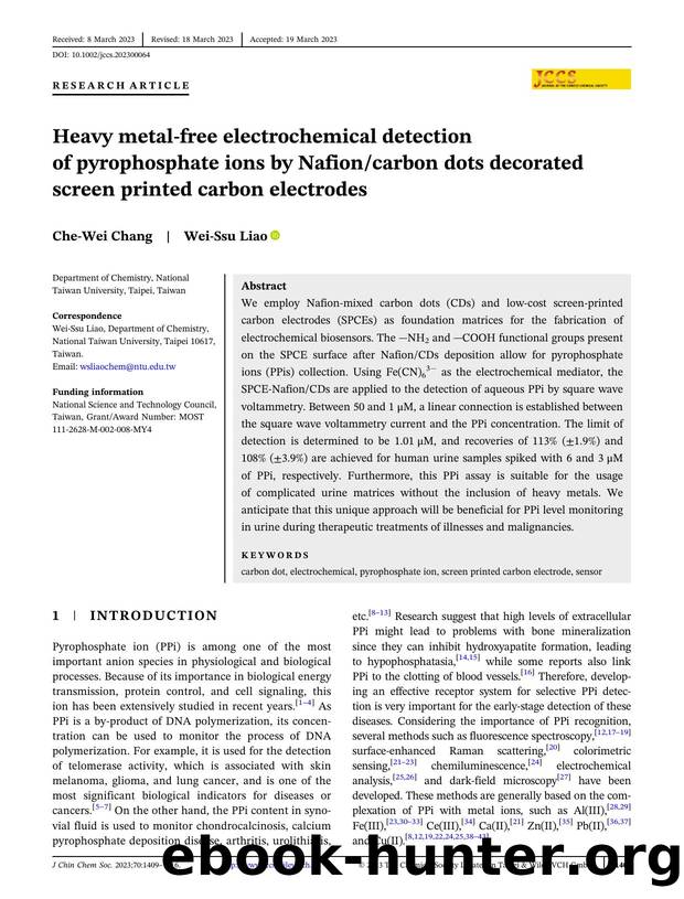 Heavy MetalâFree Electrochemical Detection of Pyrophosphate Ions by NafionCarbon Dots Decorated Screen Printed Carbon Electrodes by Unknown