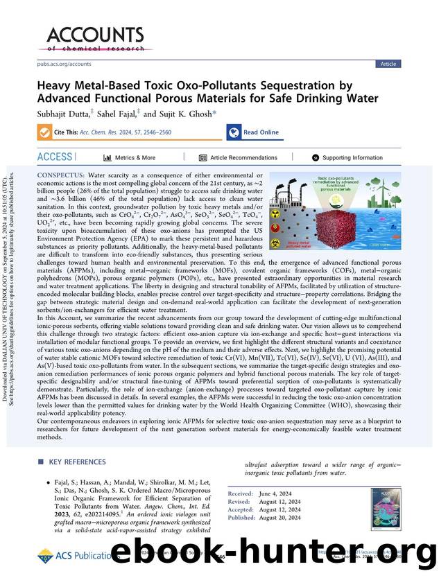Heavy Metal-Based Toxic Oxo-Pollutants Sequestration by Advanced Functional Porous Materials for Safe Drinking Water by Subhajit Dutta Sahel Fajal & Sujit K. Ghosh