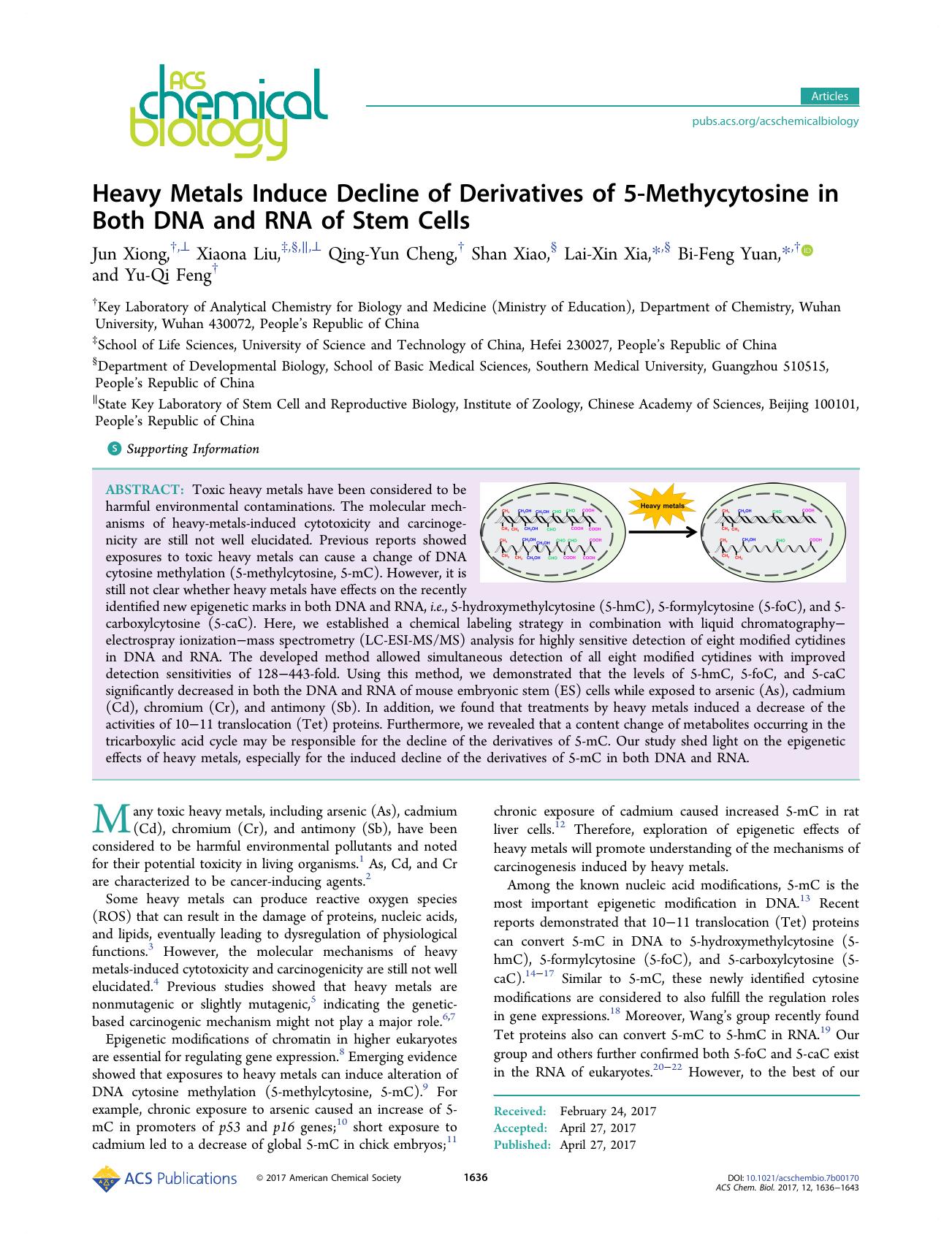 Heavy Metals Induce Decline of Derivatives of 5-Methycytosine in Both DNA and RNA of Stem Cells by Jun Xiong Xiaona Liu Qing-Yun Cheng Shan Xiao Lai-Xin Xia Bi-Feng Yuan & Yu-Qi Feng
