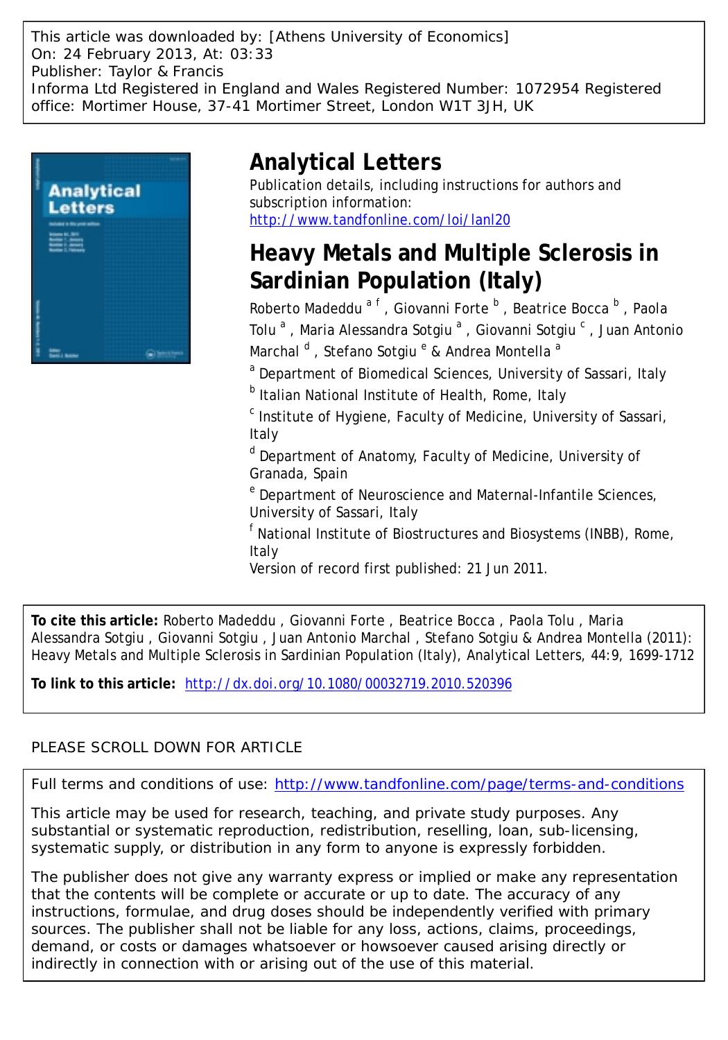 Heavy Metals and Multiple Sclerosis in Sardinian Population (Italy) by unknow