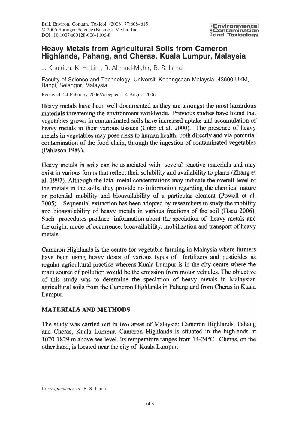 Heavy Metals from Agricultural Soils from Cameron Highlands, Pahang, and Cheras, Kuala Lumpur, Malaysia by Khairiah & J. et al