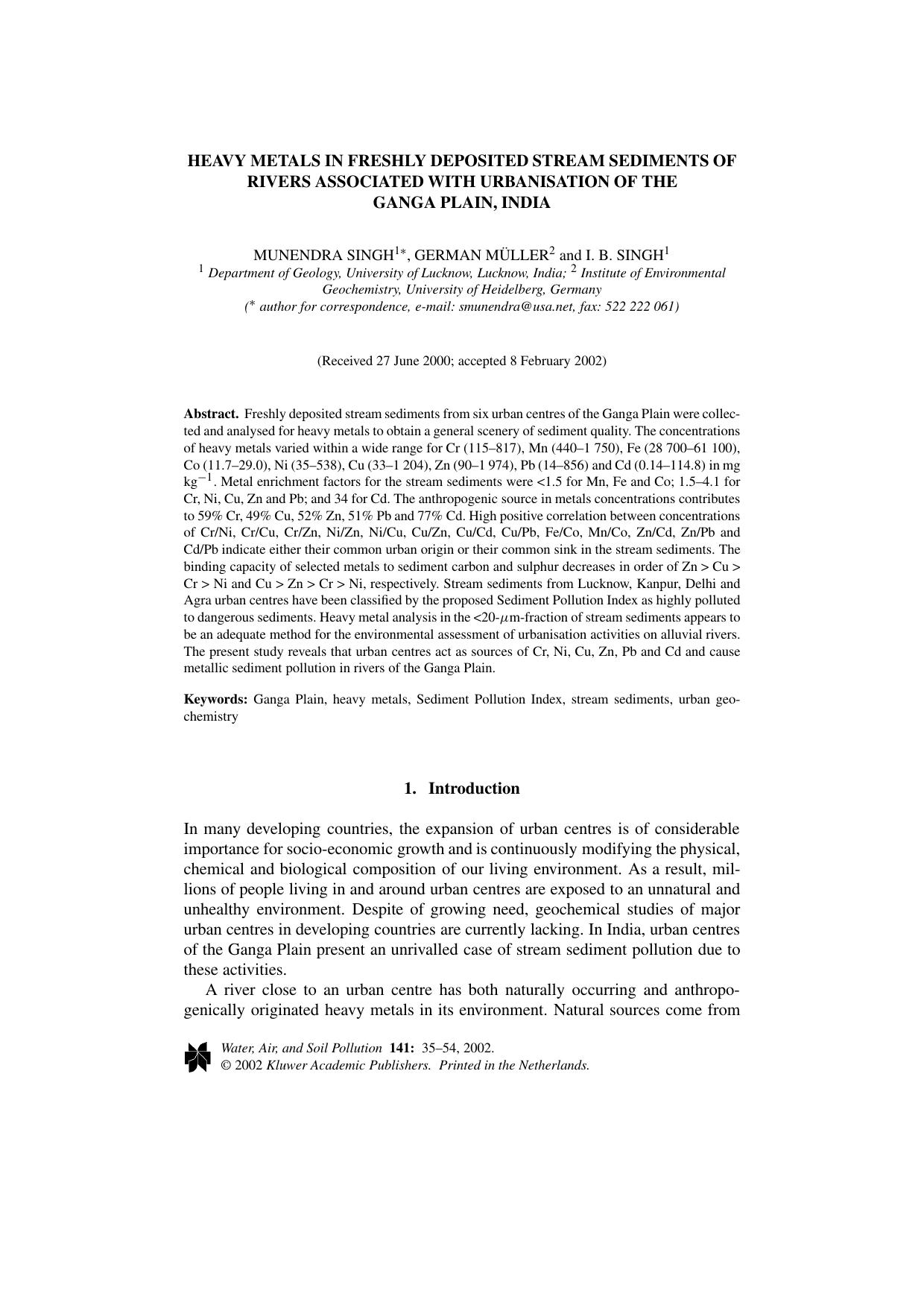Heavy Metals in Freshly Deposited Stream Sediments of Rivers Associated with Urbanisation of the Ganga Plain, India by Unknown