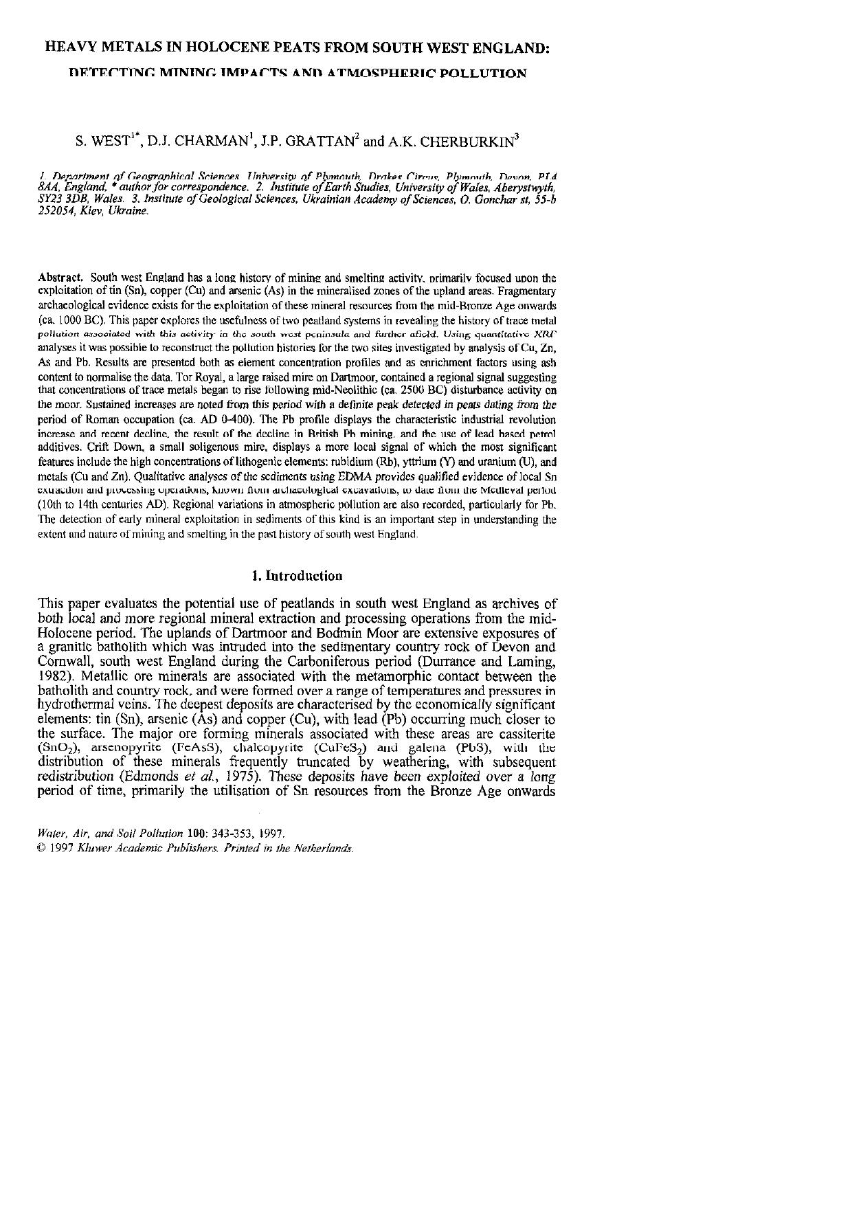 Heavy Metals in Holocene Peats from South West England: Detecting Mining Impacts and Atmospheric Pollution by Unknown