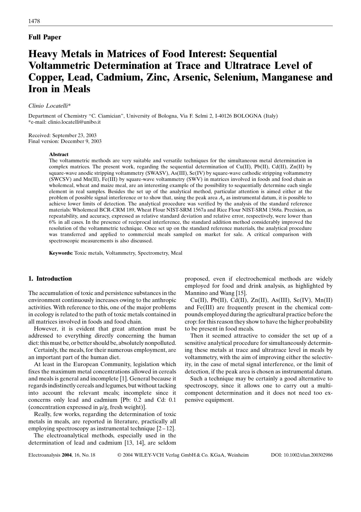 Heavy Metals in Matrices of Food Interest: Sequential Voltammetric Determination at Trace and Ultratrace Level of Copper, Lead, Cadmium, Zinc, Arsenic, Selenium, Manganese and Iron in Meals by Unknown