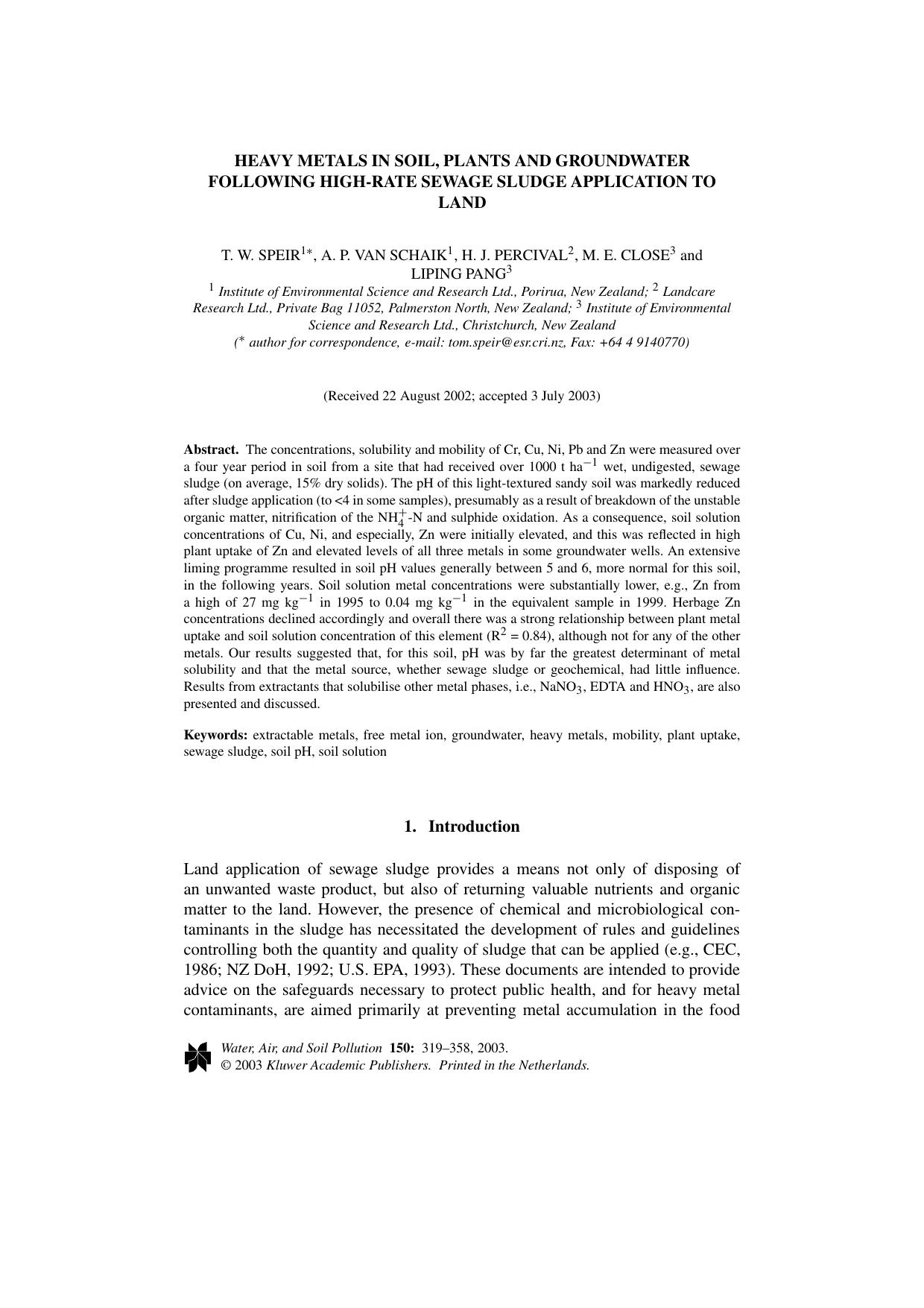 Heavy Metals in Soil, Plants and Groundwater Following High-Rate Sewage Sludge Application to Land by Unknown