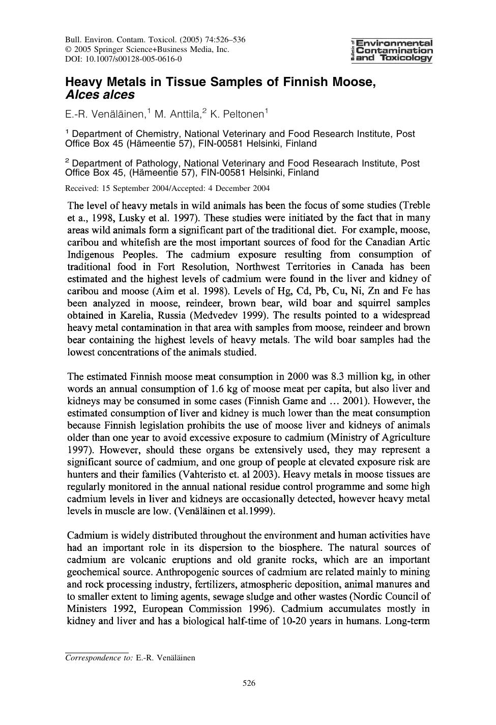 Heavy Metals in Tissue Samples of Finnish Moose, Alces alces by Ven & auml;l & auml;inen E.-R. et al