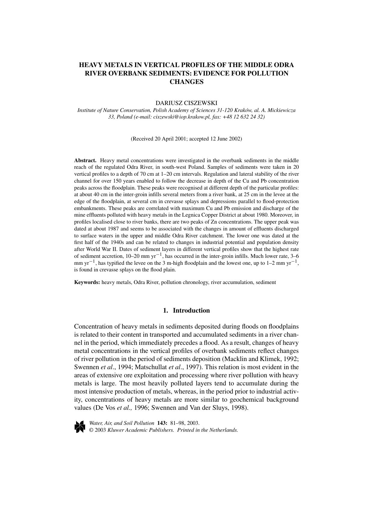 Heavy Metals in Vertical Profiles of the Middle Odra River Overbank Sediments: Evidence For Pollution Changes by Unknown