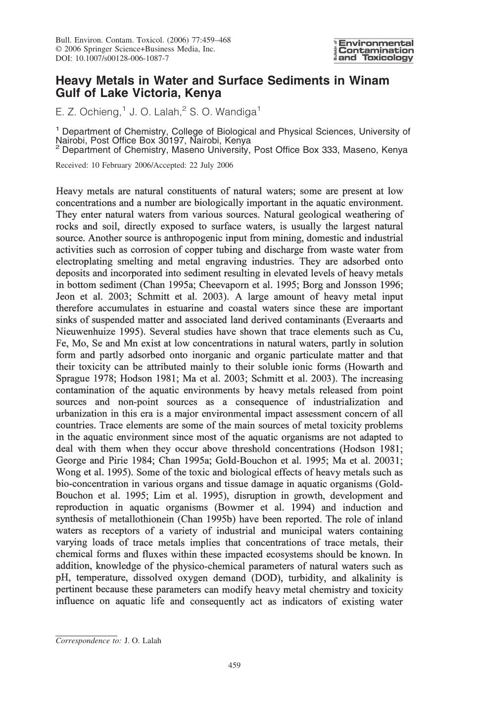 Heavy Metals in Water and Surface Sediments in Winam Gulf of Lake Victoria, Kenya by Ochieng & E. Z. & et al
