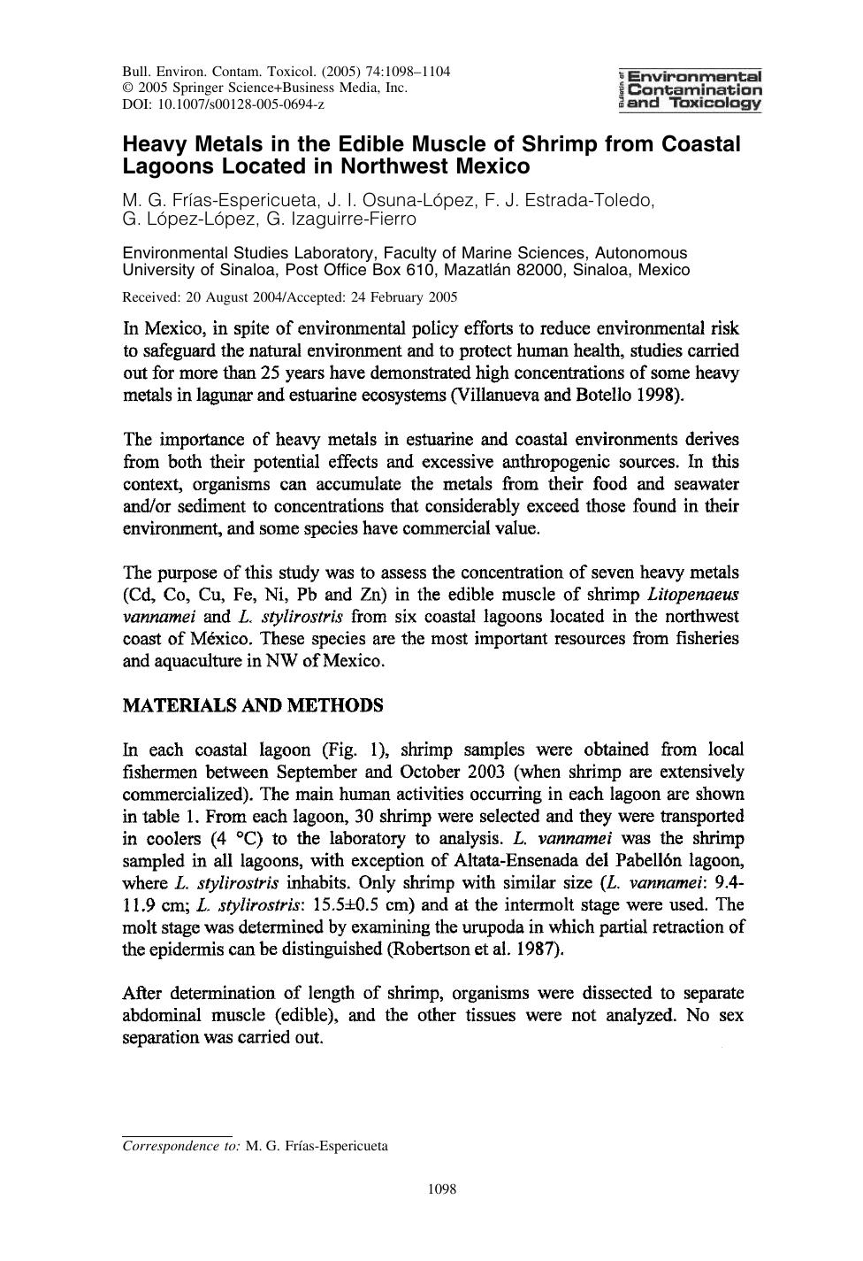Heavy Metals in the Edible Muscle of Shrimp from Coastal Lagoons Located in Northwest Mexico by Frias-Espericueta M.G.; et al