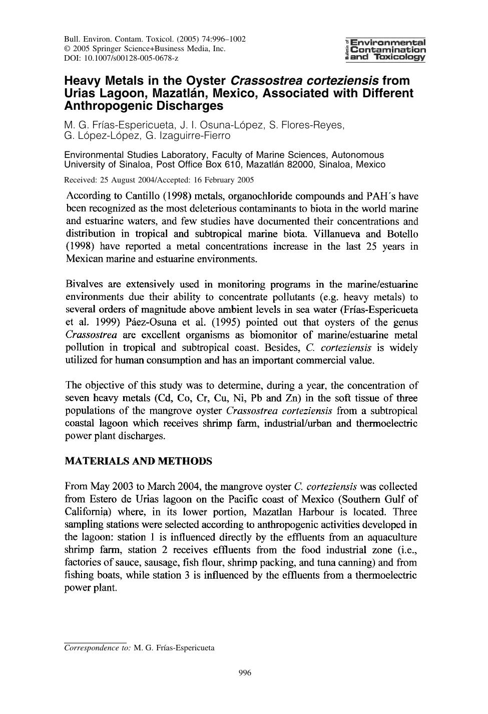 Heavy Metals in the Oyster Crassostrea corteziensis from by Frias-Espericueta M. G. et al