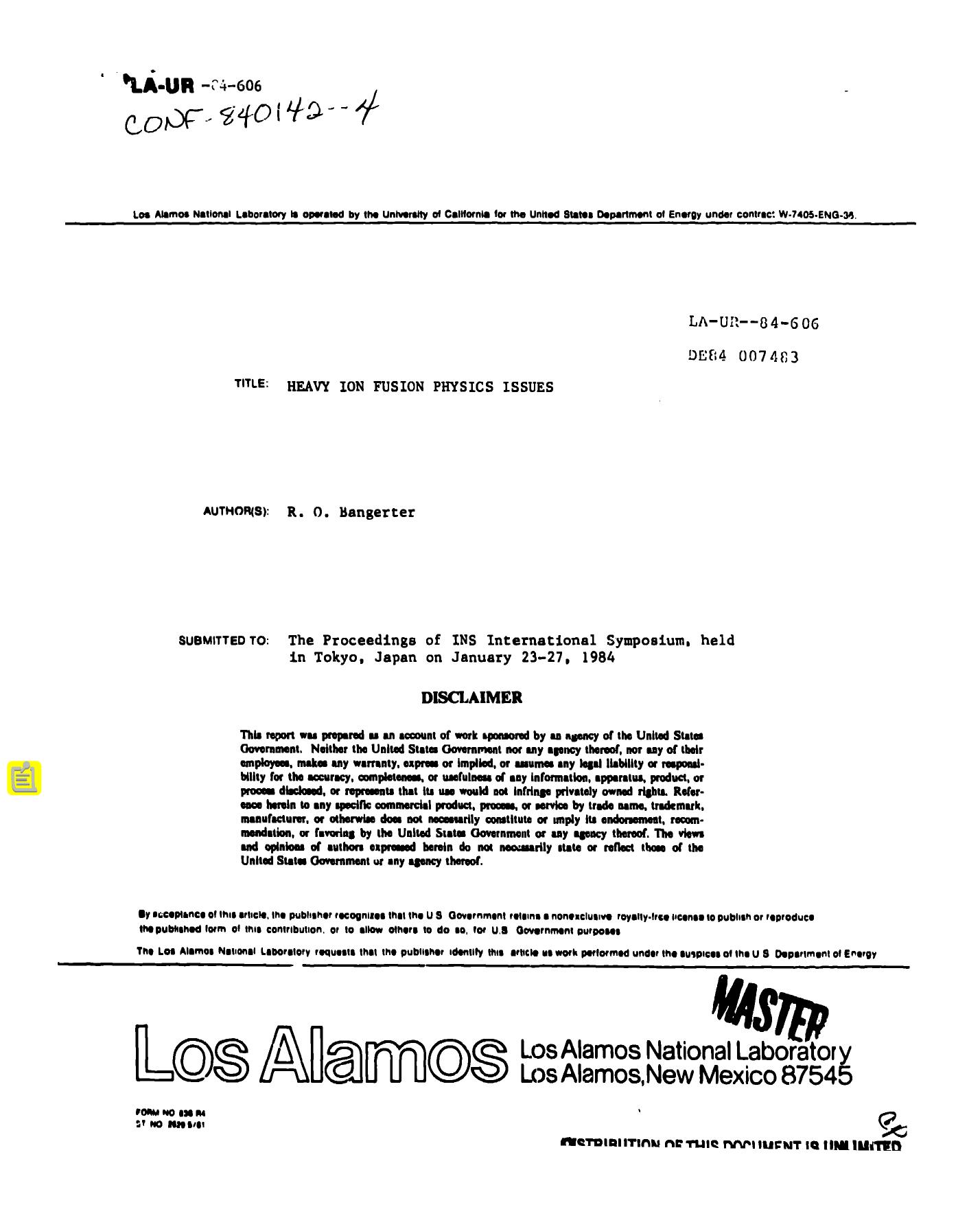 Heavy ion fusion physics issues None by LANL Research Library LWW Project