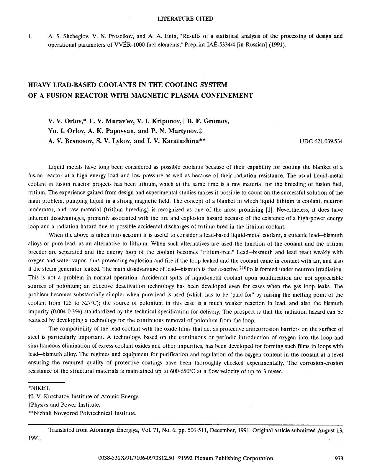 Heavy lead-based coolants in the cooling system of a fusion reactor with magnetic plasma confinement by Unknown