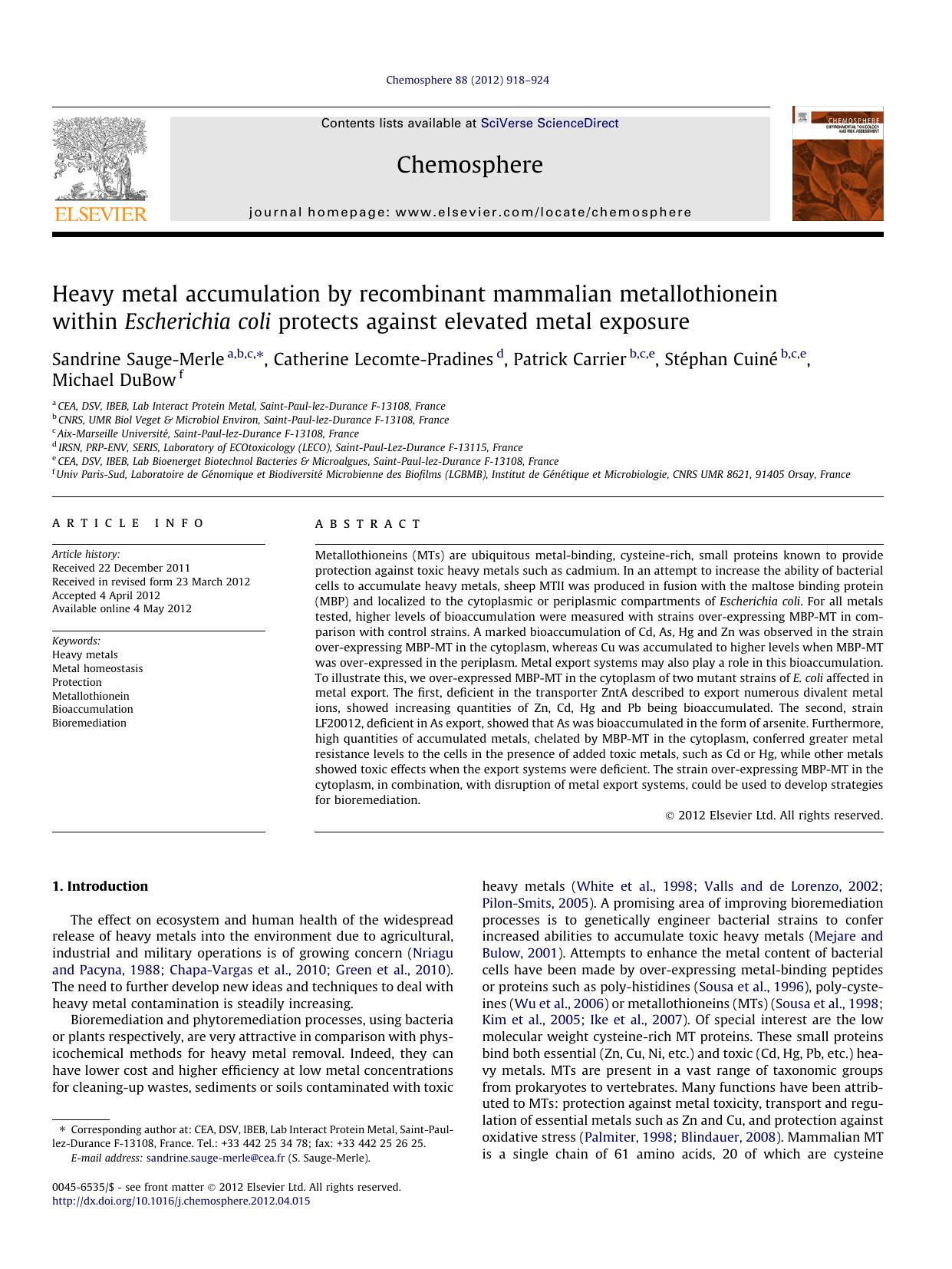 Heavy metal accumulation by recombinant mammalian metallothionein within Escherichia coli protects against elevated metal exposure by unknow