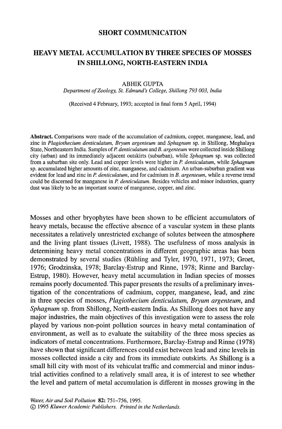 Heavy metal accumulation by three species of mosses in Shillong, North-Eastern India by Unknown