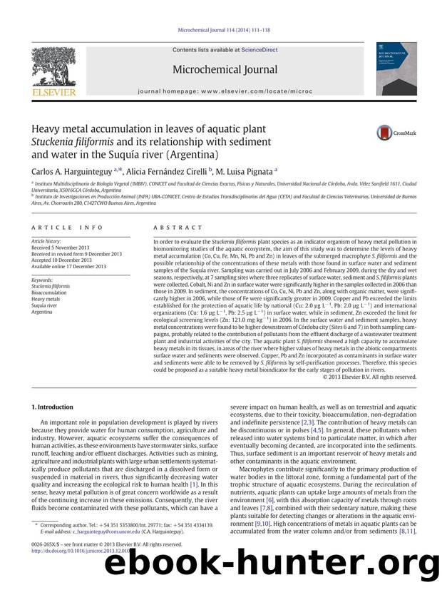 Heavy metal accumulation in leaves of aquatic plant Stuckenia filiformis and its relationship with sediment and water in the SuquÃ­a river (Argentina) by Carlos A. Harguinteguy & Alicia Fernández Cirelli & M. Luisa Pignata