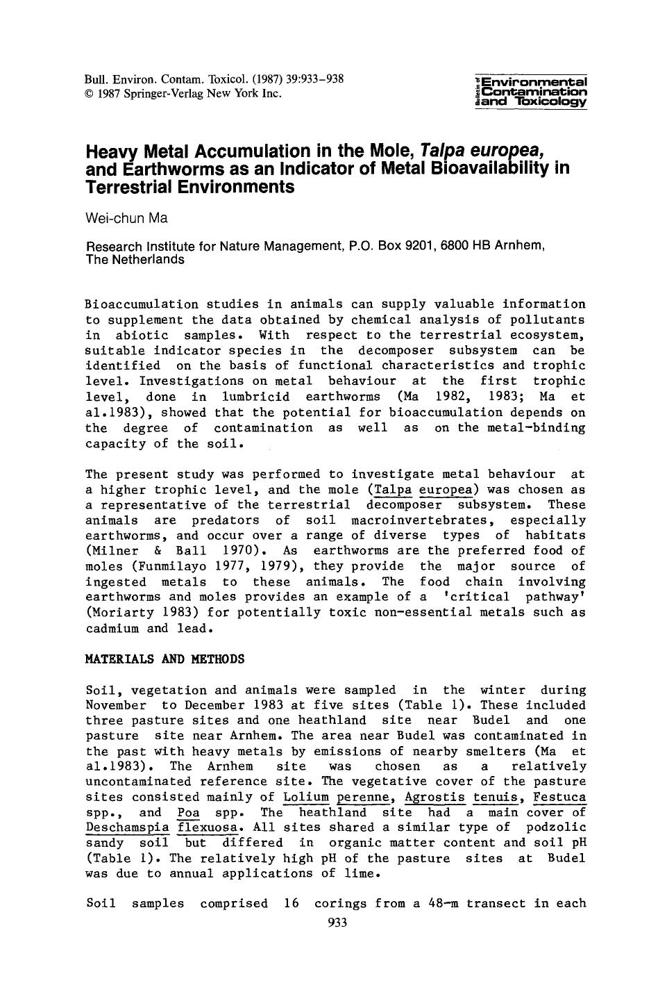 Heavy metal accumulation in the mole, <Emphasis Type="Italic">Talpa europea <Emphasis>, and earthworms as an indicator of metal bioavailability in terrestrial environments by Unknown