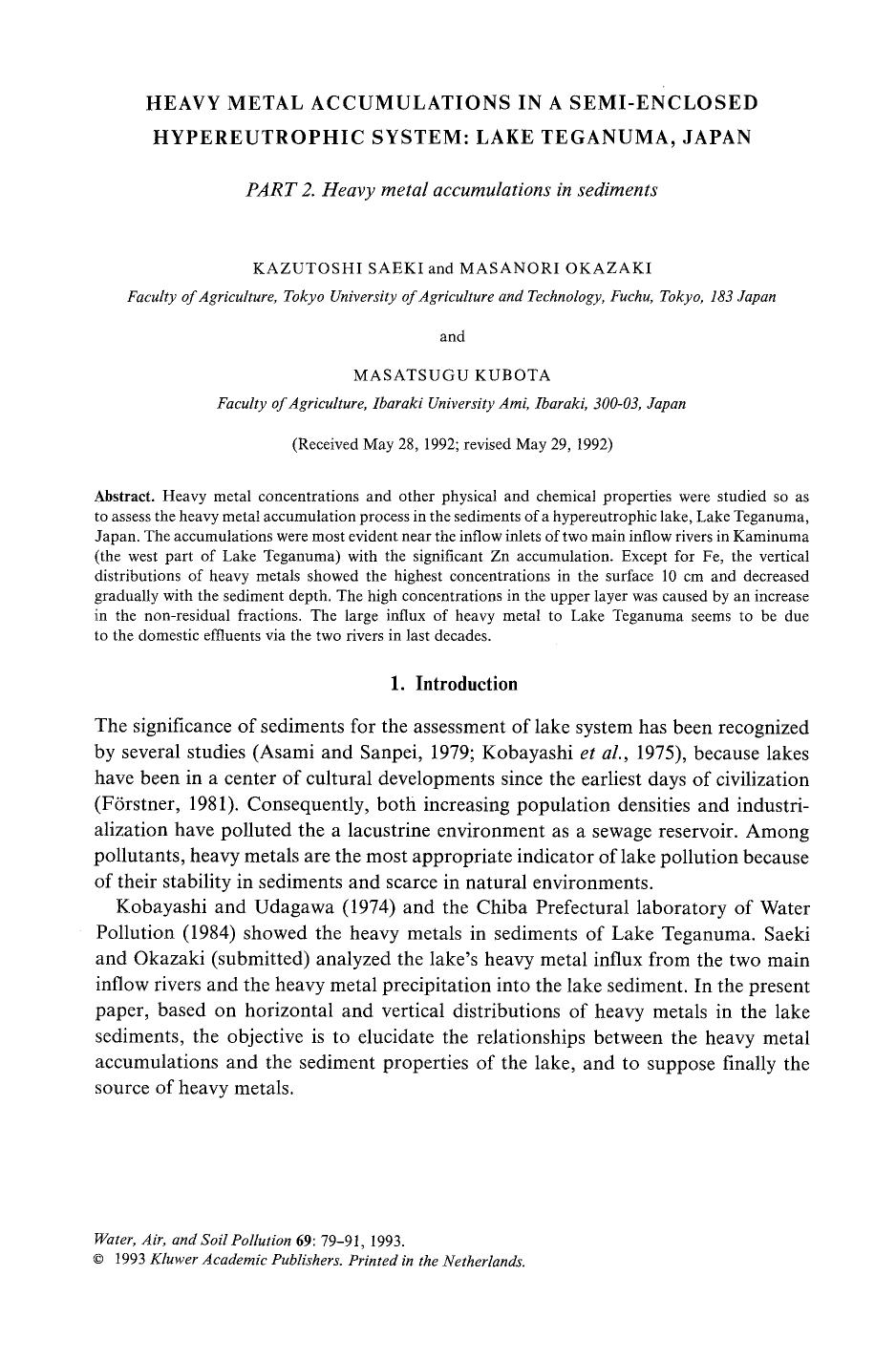Heavy metal accumulations in a semi-enclosed hypereutrophic system: Lake Teganuma, Japan by Unknown