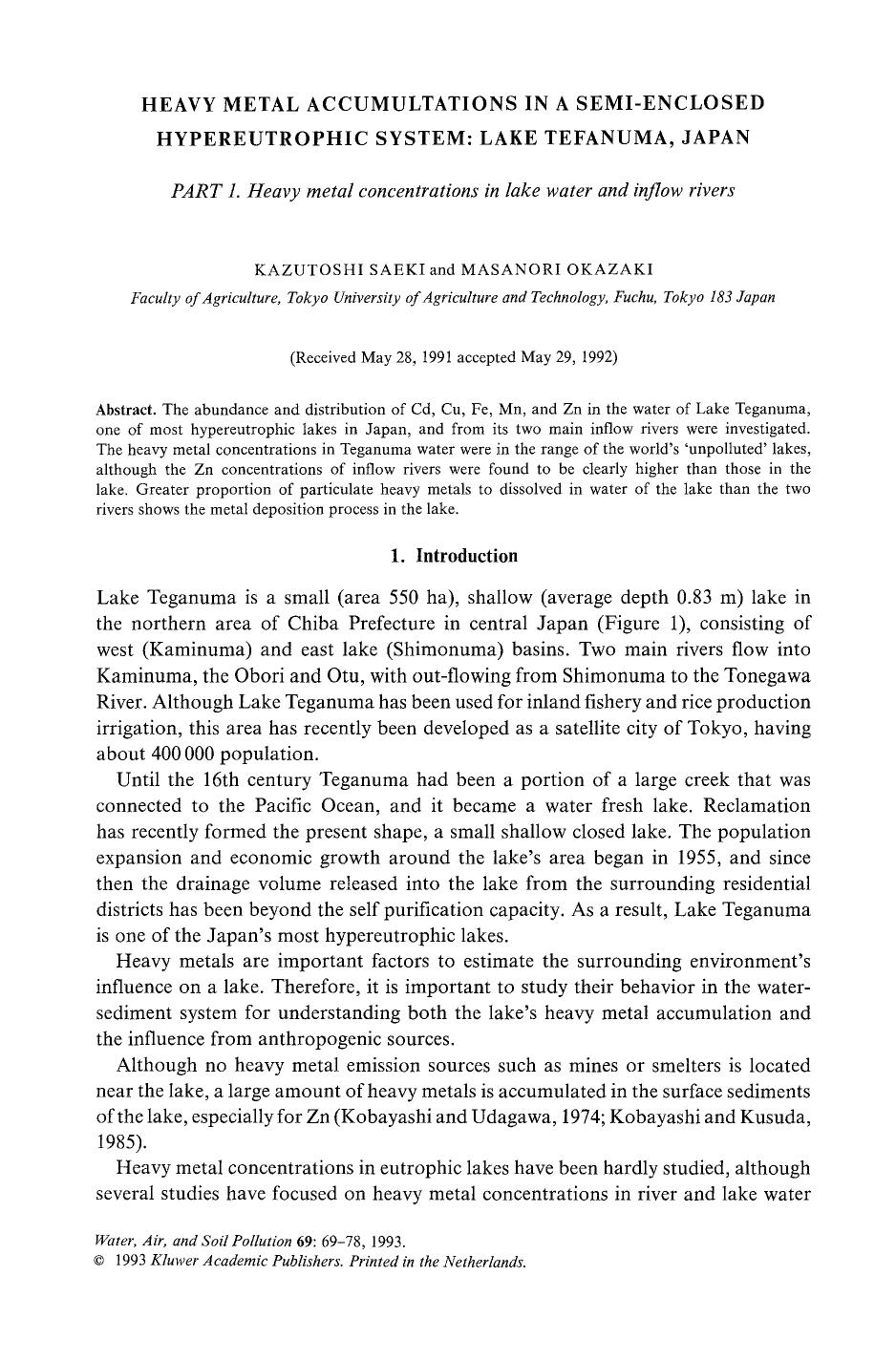 Heavy metal accumultations in a semi-enclosed hypereutrophic system: Lake Tefanuma, Japan by Unknown