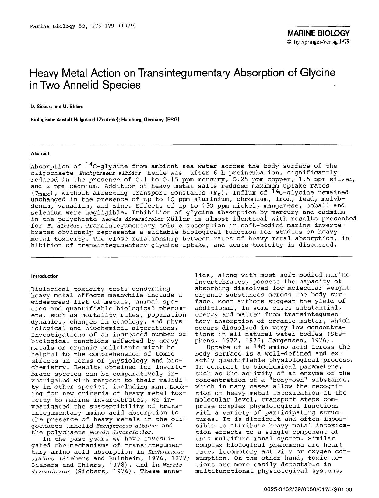Heavy metal action on transintegumentary absorption of glycine in two annelid species by Unknown