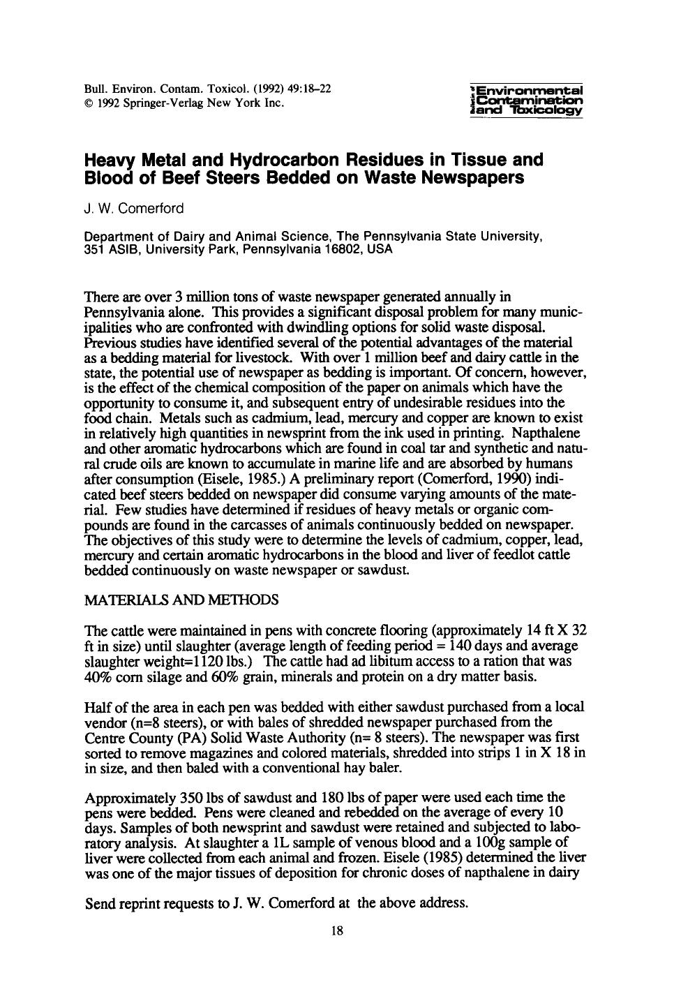 Heavy metal and hydrocarbon residues in tissue and blood of beef steers bedded on waste newspapers by Unknown