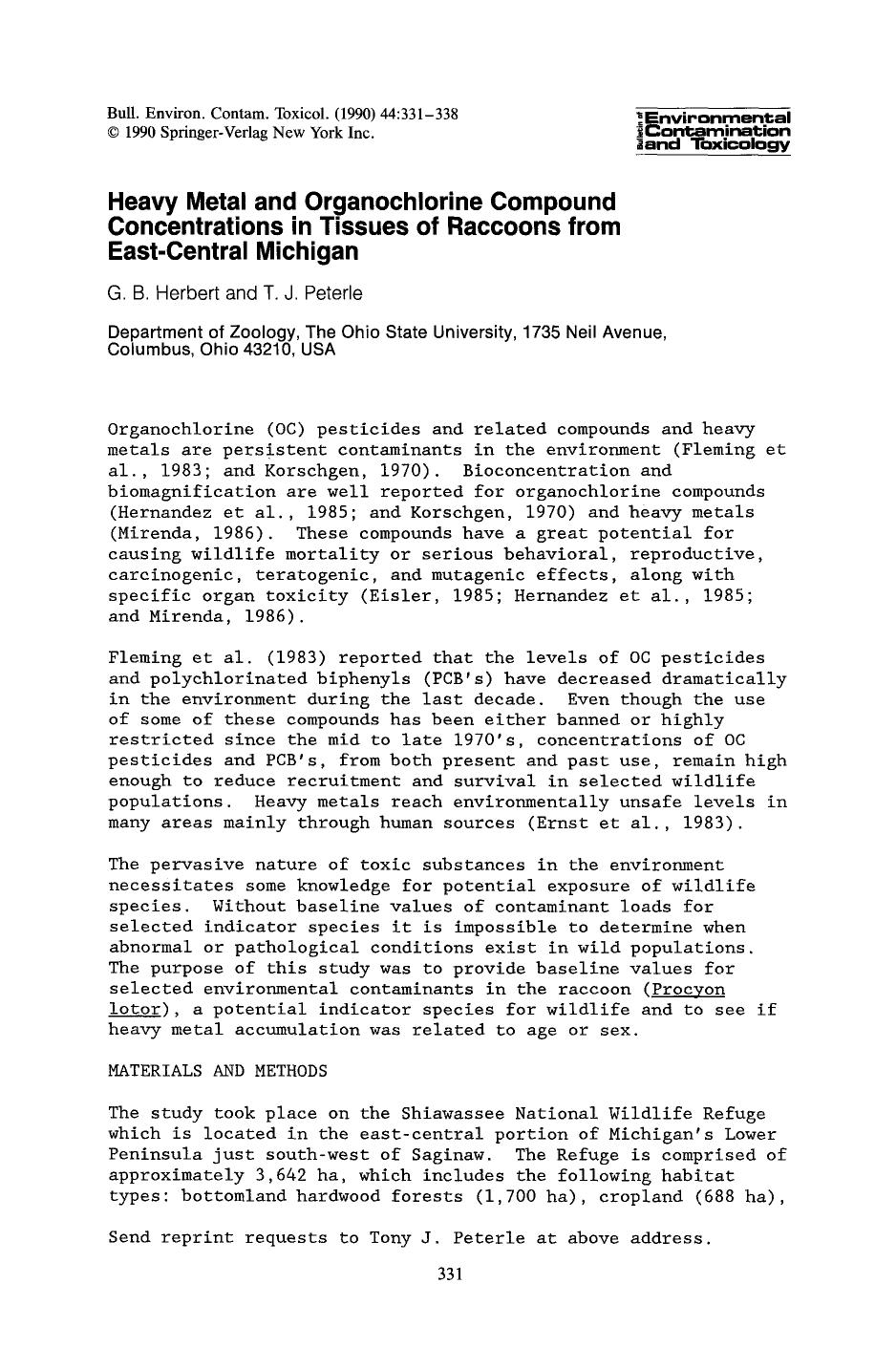 Heavy metal and organochlorine compound concentrations in tissues of raccoons from East-Central Michigan by Unknown