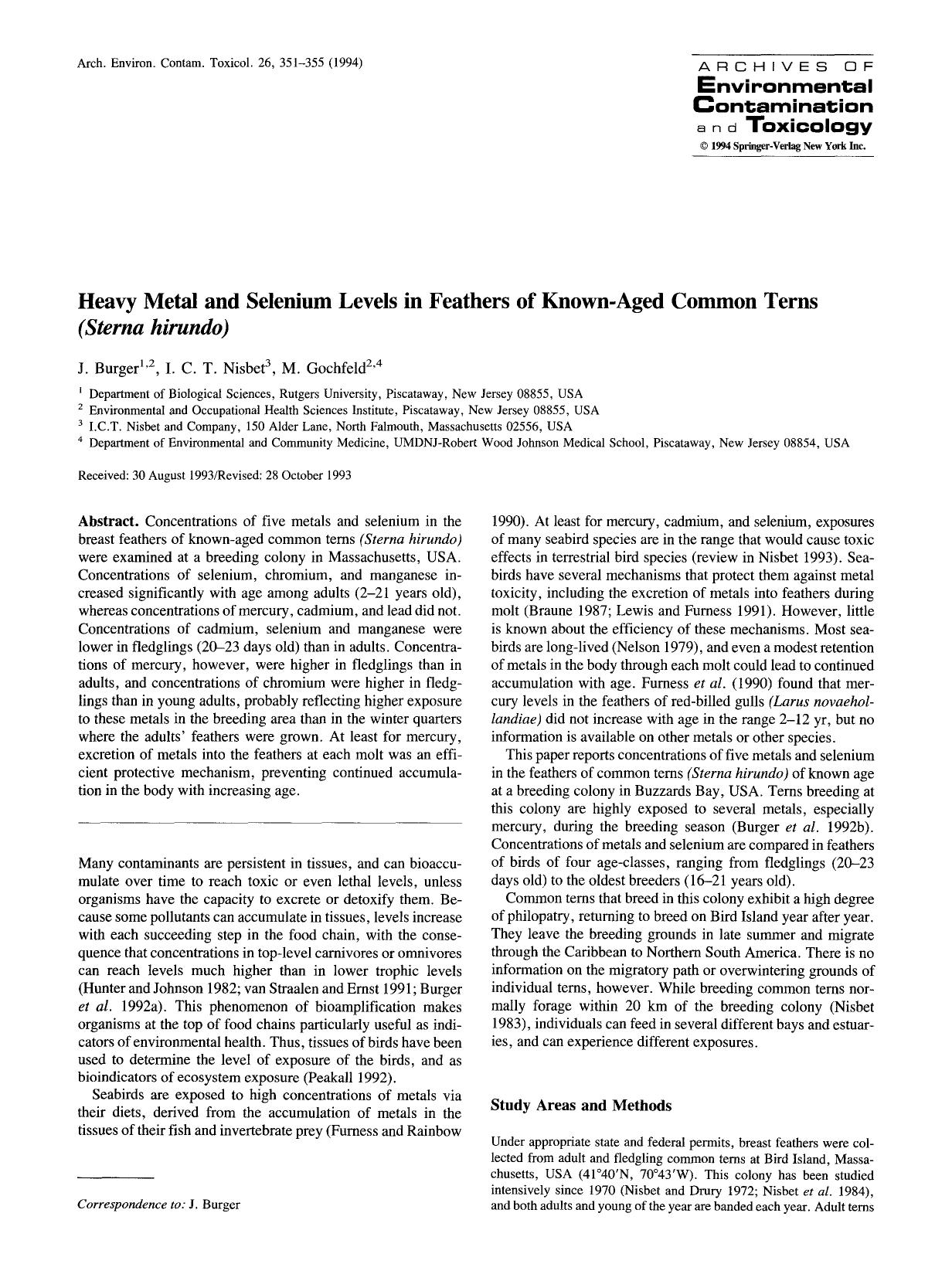 Heavy metal and selenium levels in feathers of known-aged common terns <Emphasis Type="Italic">(Sterna hirundo)<Emphasis> by Unknown