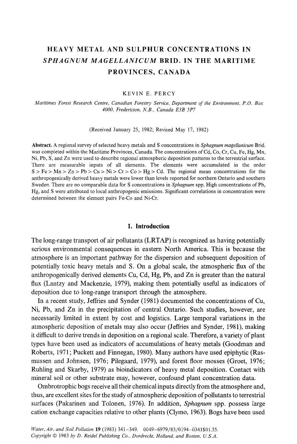 Heavy metal and sulphur concentrations in <Emphasis Type="Italic">Sphagnum magellanicum <Emphasis> brid. In the Maritime Provinces, Canada by Unknown