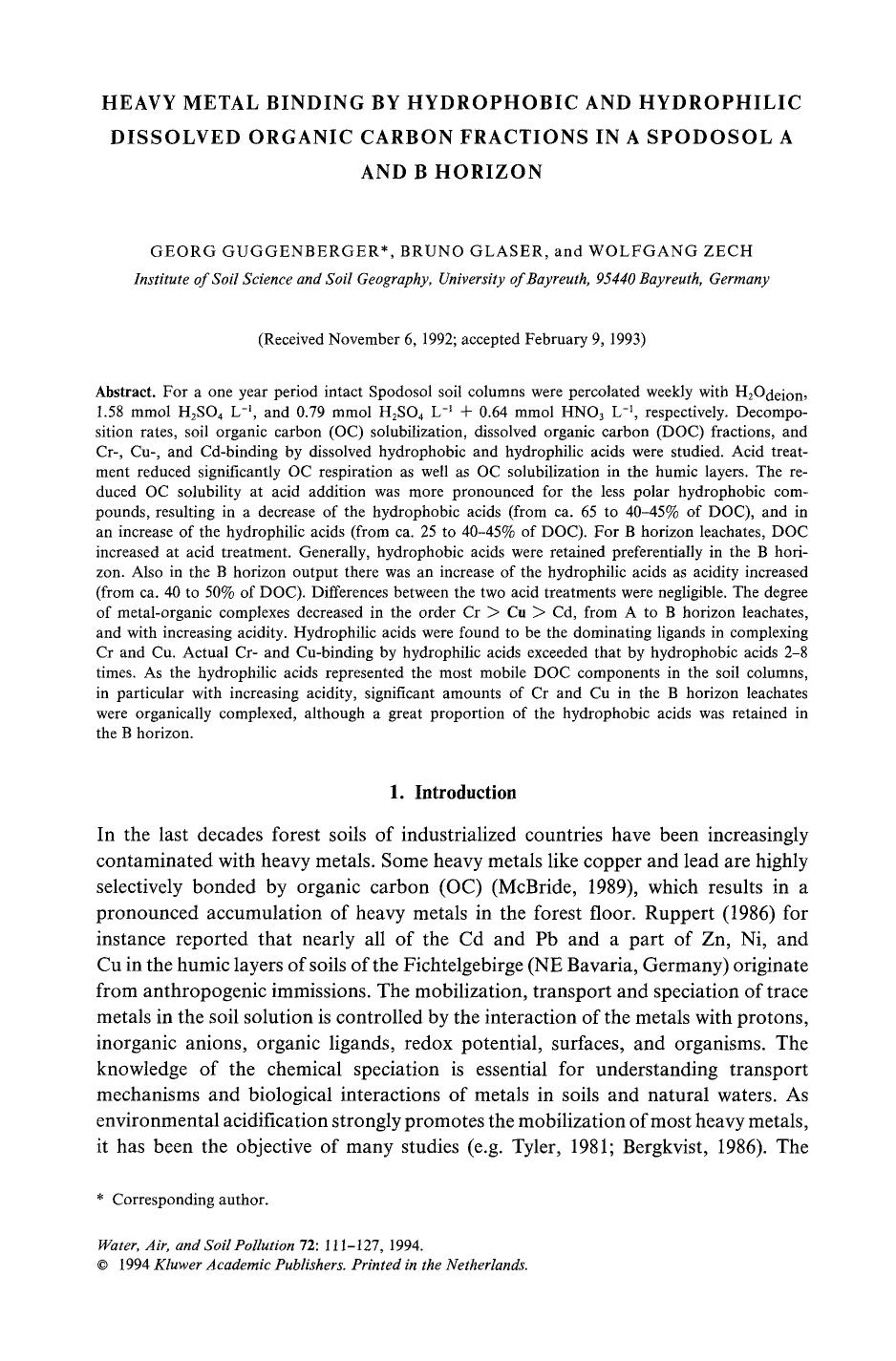 Heavy metal binding by hydrophobic and hydrophilic dissolved organic carbon fractions in a Spodosol A and B horizon by Unknown