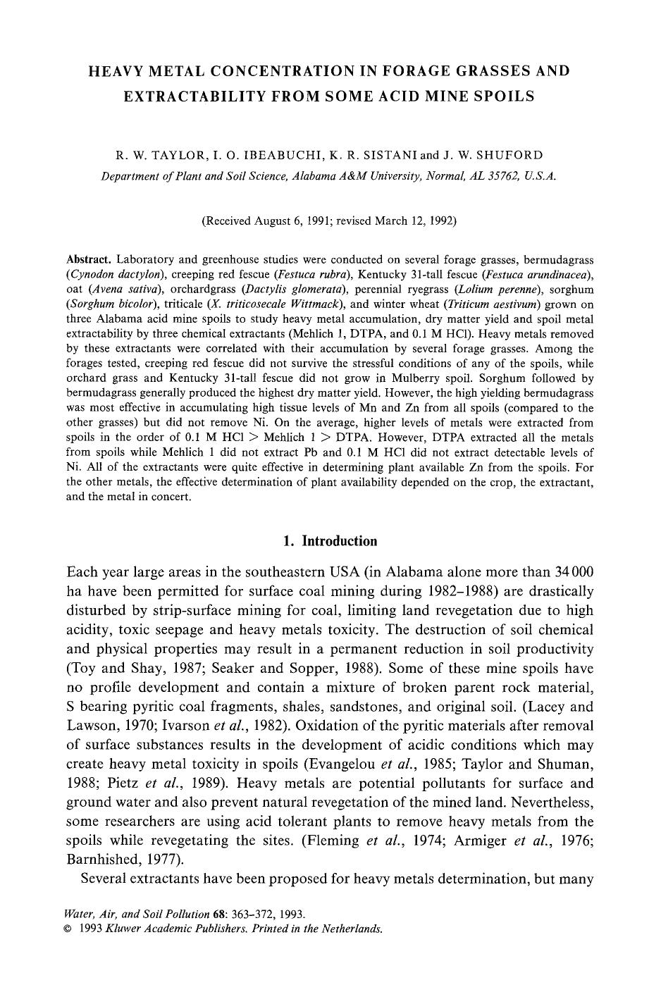 Heavy metal concentration in forage grasses and extractability from some acid mine spoils by Unknown