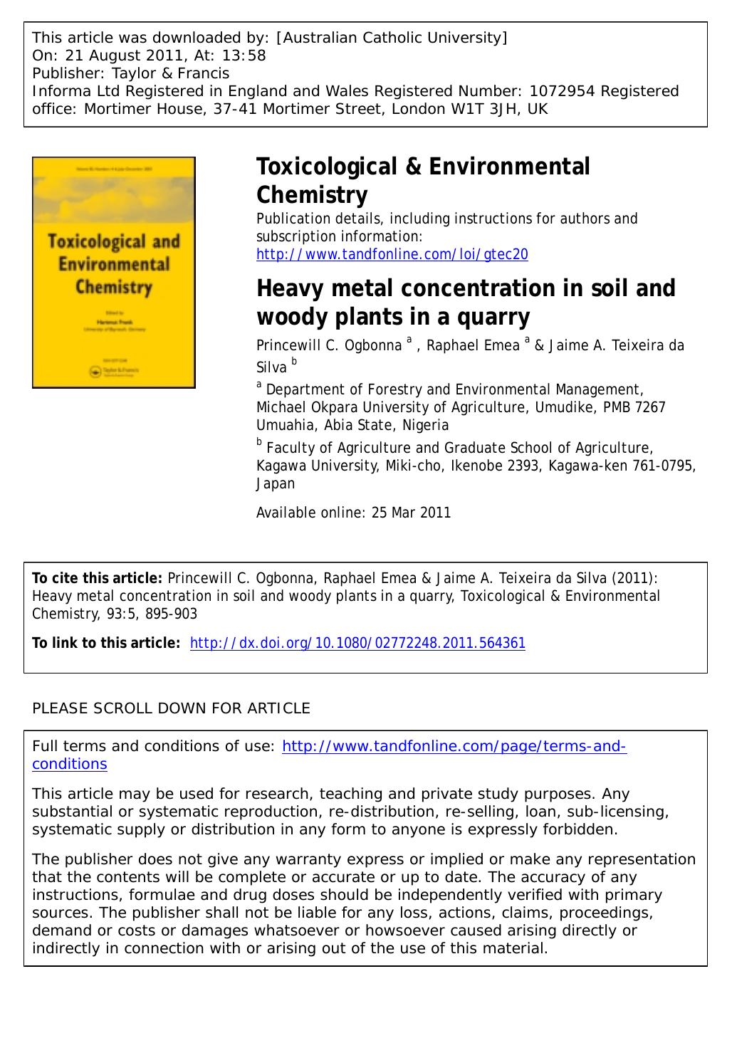 Heavy metal concentration in soil and woody plants in a quarry by unknow
