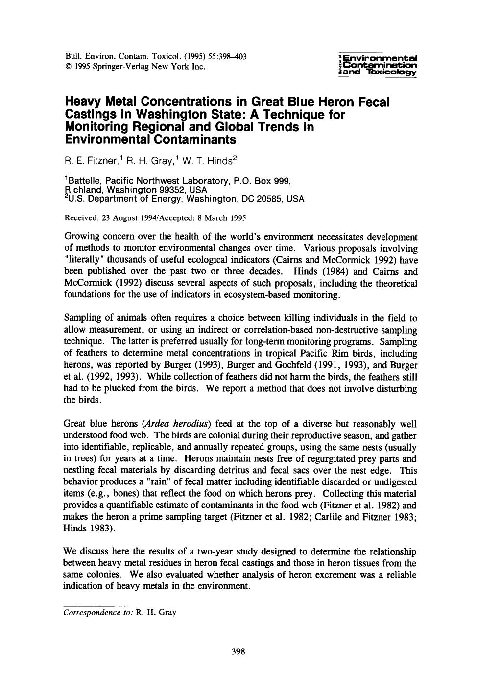 Heavy metal concentrations in great blue heron fecal castings in Washington State: A technique for monitoring regional and global trends in environmental contaminants by Unknown