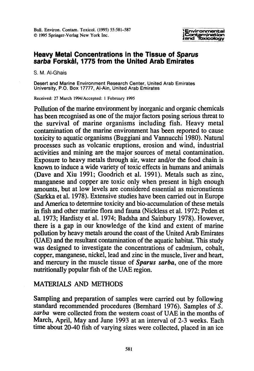 Heavy metal concentrations in the tissue of <Emphasis Type="Italic">Sparus sarba <Emphasis> Forsk&#x00E5;l, 1775 from the United Arab Emirates by Unknown