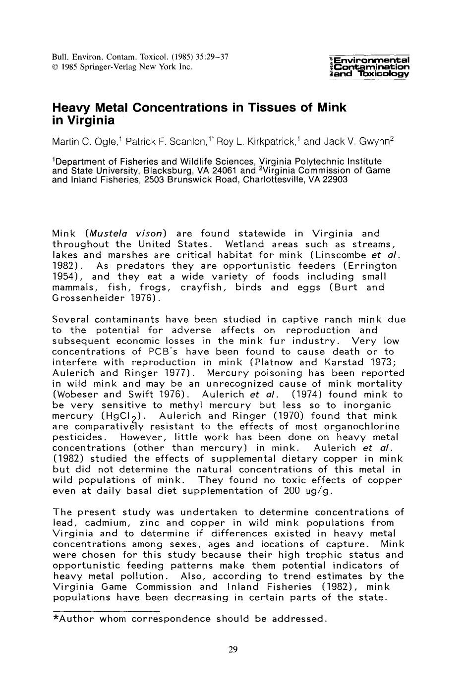 Heavy metal concentrations in tissues of mink in Virginia by Unknown