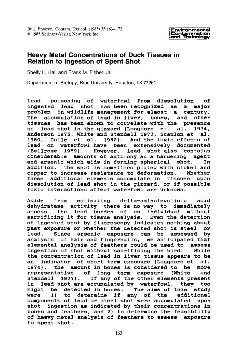Heavy metal concentrations of duck tissues in relation to ingestion of spent shot by Unknown