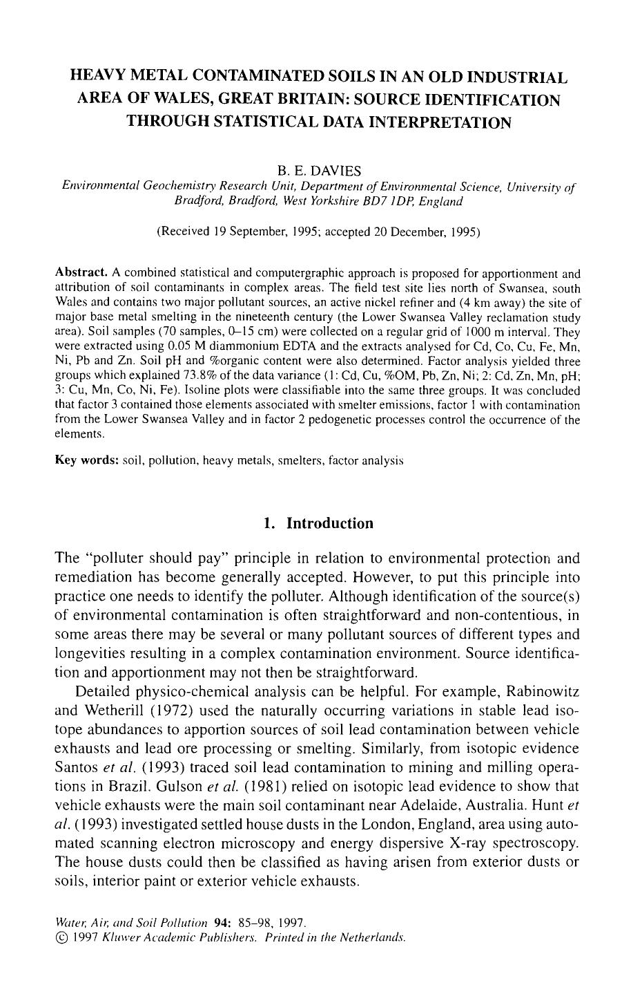 Heavy metal contaminated soils in an old industrial area of Wales, Great Britain: Source identification through statistical data interpretation by Unknown