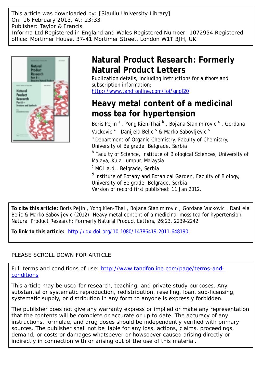 Heavy metal content of a medicinal moss tea for hypertension by unknow