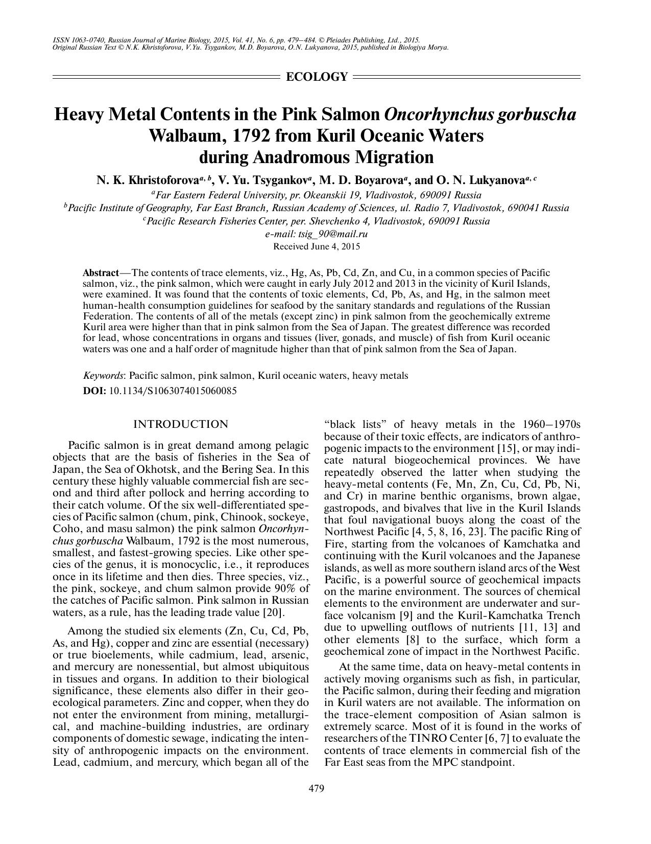 Heavy metal contents in the pink salmon Oncorhynchus gorbuscha Walbaum, 1792 from Kuril oceanic waters during anadromous migration by tavolk