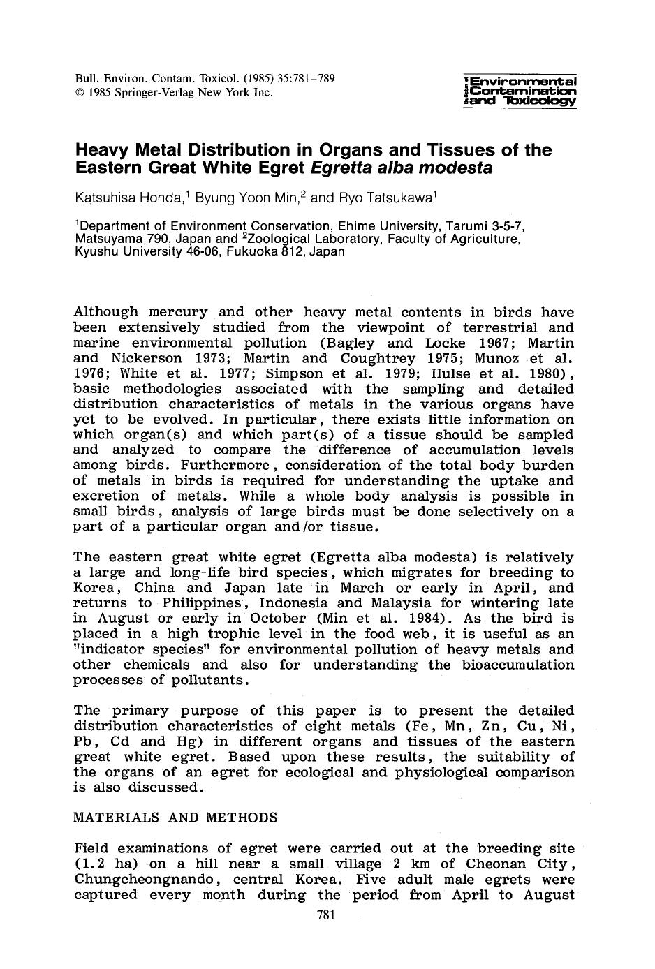 Heavy metal distribution in organs and tissues of the eastern great white egret <Emphasis Type="Italic">Egretta alba <Emphasis> modesta by Unknown