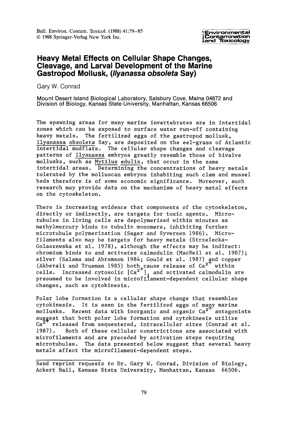 Heavy metal effects on cellular shape changes, cleavage, and larval development of the marine gastropod mollusk, ( <Emphasis Type="Italic">Ilyanassa obsoleta <Emphasis> say) by Unknown