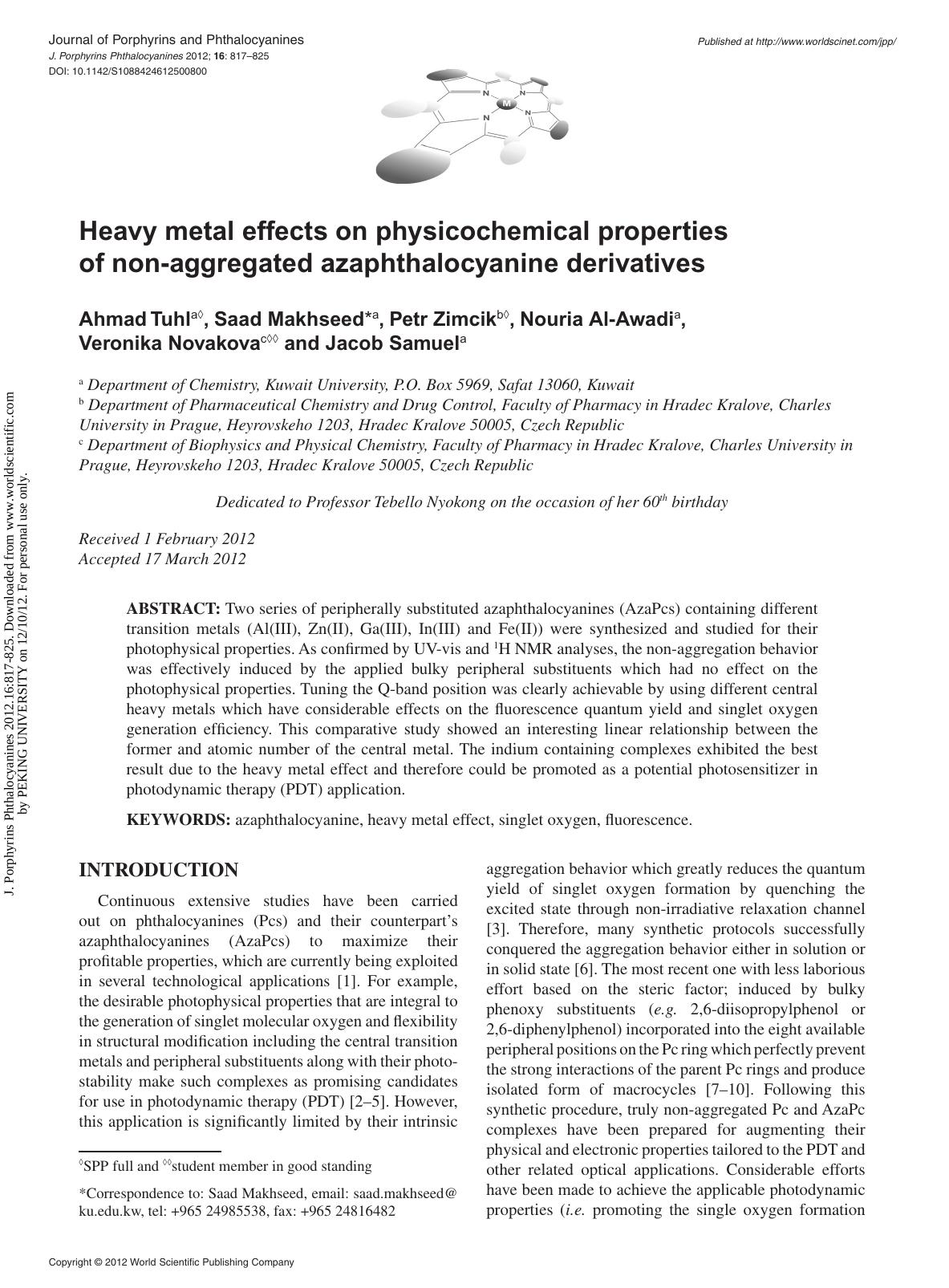 Heavy metal effects on physicochemical properties of non-aggregated azaphthalocyanine derivatives by Ahmad Tuhl Saad Makhseed Petr Zimcik Nouria Al-Awadi Veronika Novakova & Jacob Samuel
