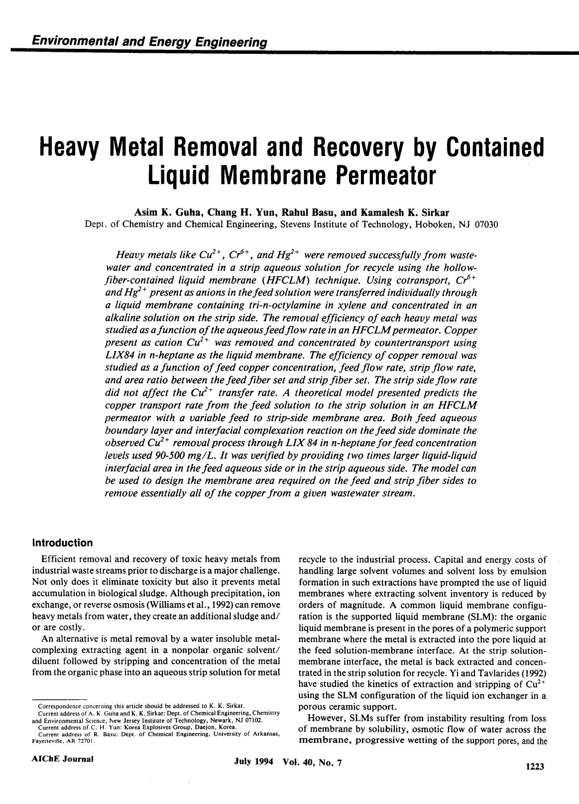 Heavy metal removal and recovery by contained liquid membrane permeator by Unknown